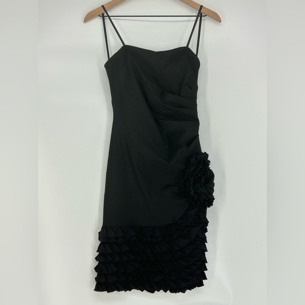 "NWT" XSCAPE By Joanna Chen Women's Black Ruffled Midi Cocktail‎ Dress - Size 6